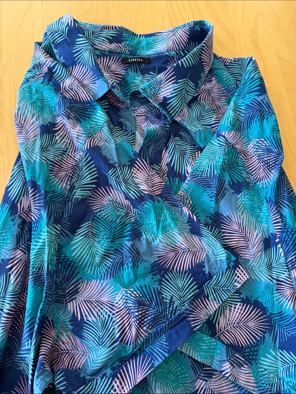Stretch Navy Palm-Print Casual Button-Down Shirt